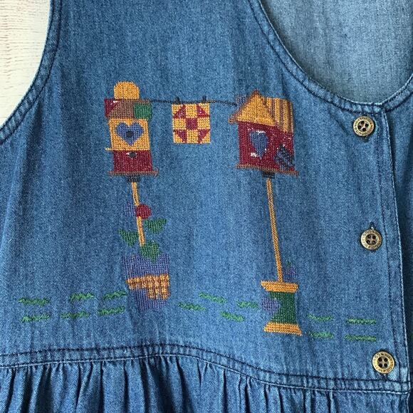 That's The Way To Go Always Innovative Denim Jean Dress Embroidered Birdhouse L - Picture 10 of 16